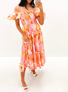 Tangerine Splash Off Shoulder Dress
