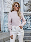 Pink Solid Plain Puff Sleeve Turtleneck Pullover Sweater