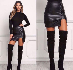 Stunning black leather slit, lace up mini skirt.