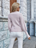 Pink Solid Plain Puff Sleeve Turtleneck Pullover Sweater